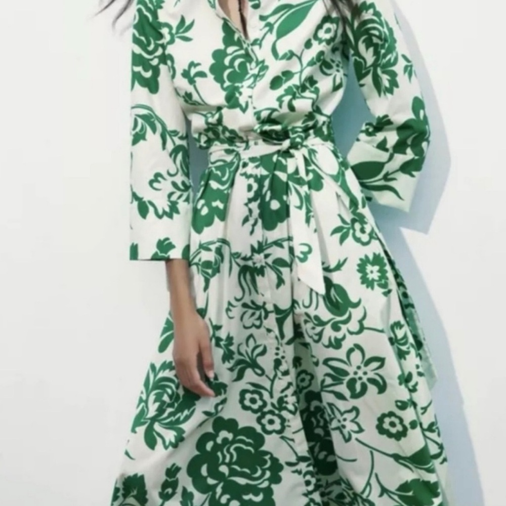 Zara Green and White Floral Wrap Midi Dress